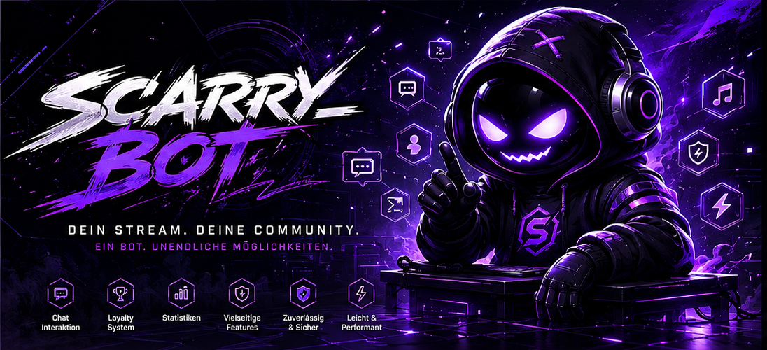 ScarryBot Banner mit violettem Bot Maskottchen und Feature Icons